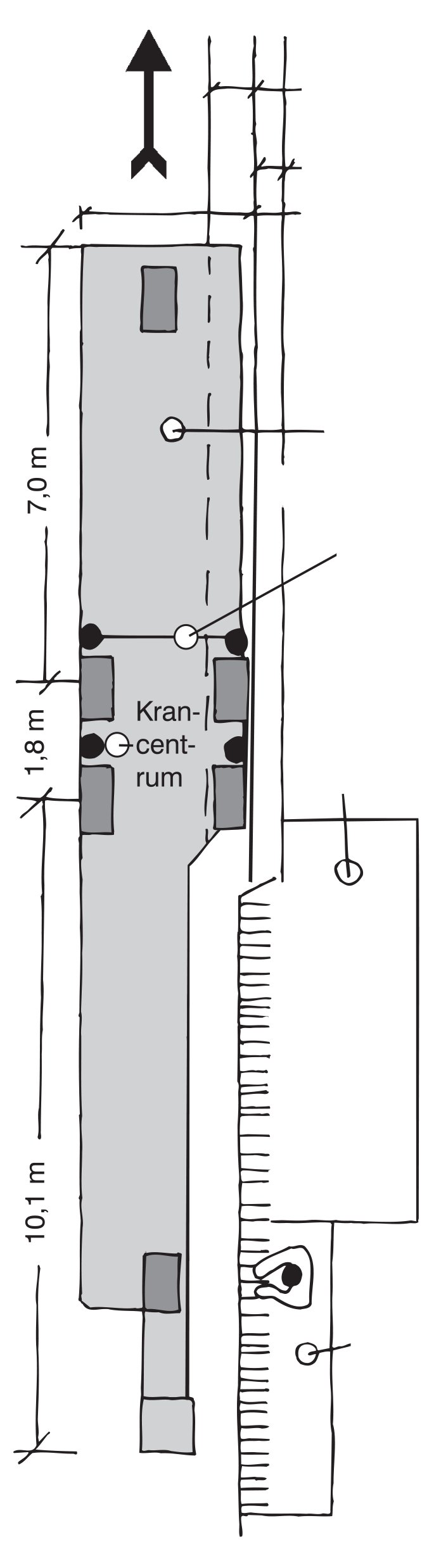 Planvy av krosschassit på bron med mått 7,0 m, 1,8 m och 10,1 m samt kran-centrum. Fyra numrerade punkter markerar ramp, uppfälld ram, uppsamlingslåda och arbetsplattform.